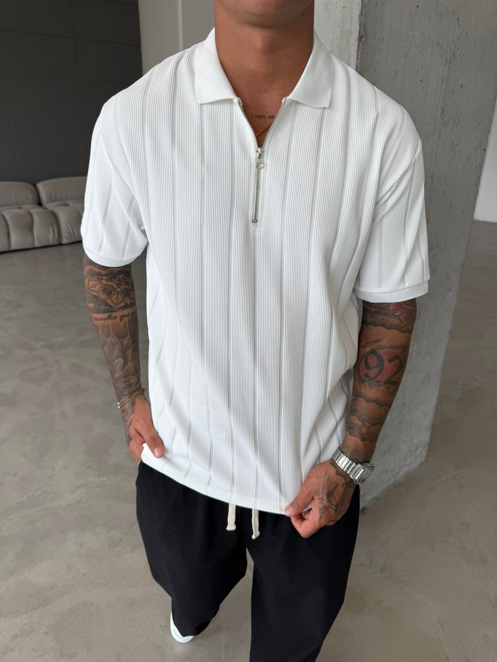 Yarım Fermuar Fitilli Regular Fit  Polo Yaka T-Shirt -Beyaz