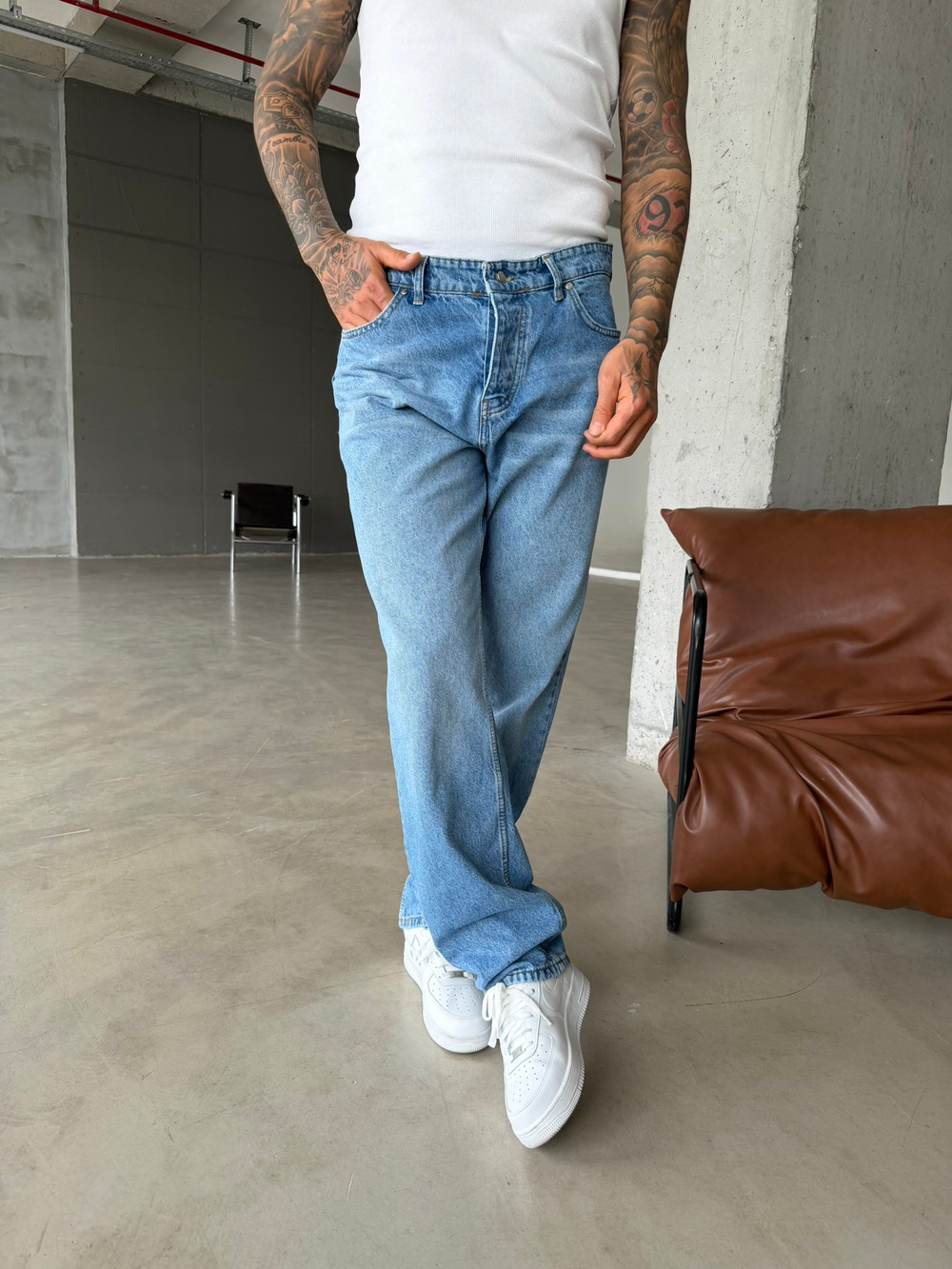 Yıkamalı Baggy Pantolon  - Mavi