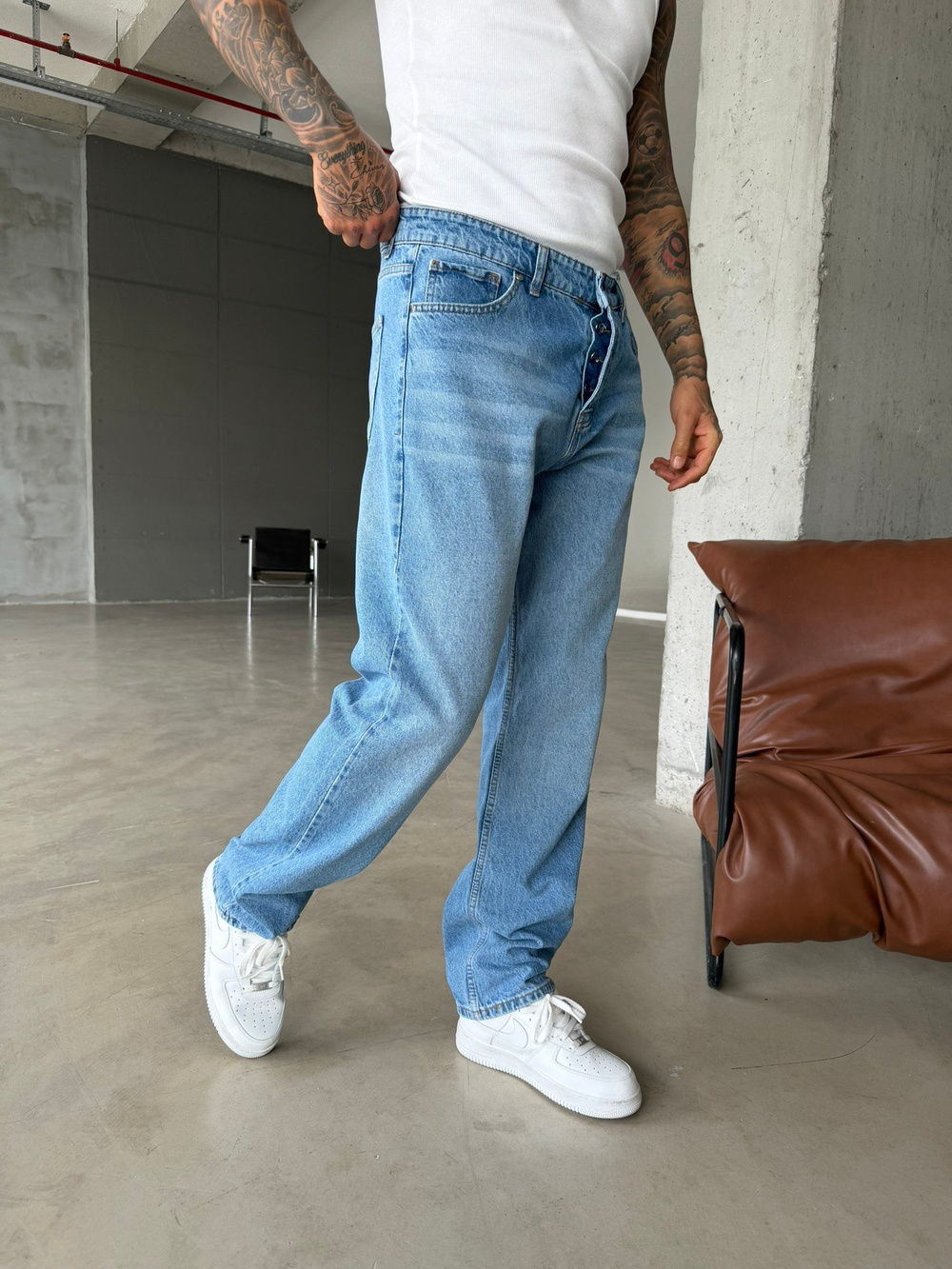 Yıkamalı Baggy Pantolon  - Mavi