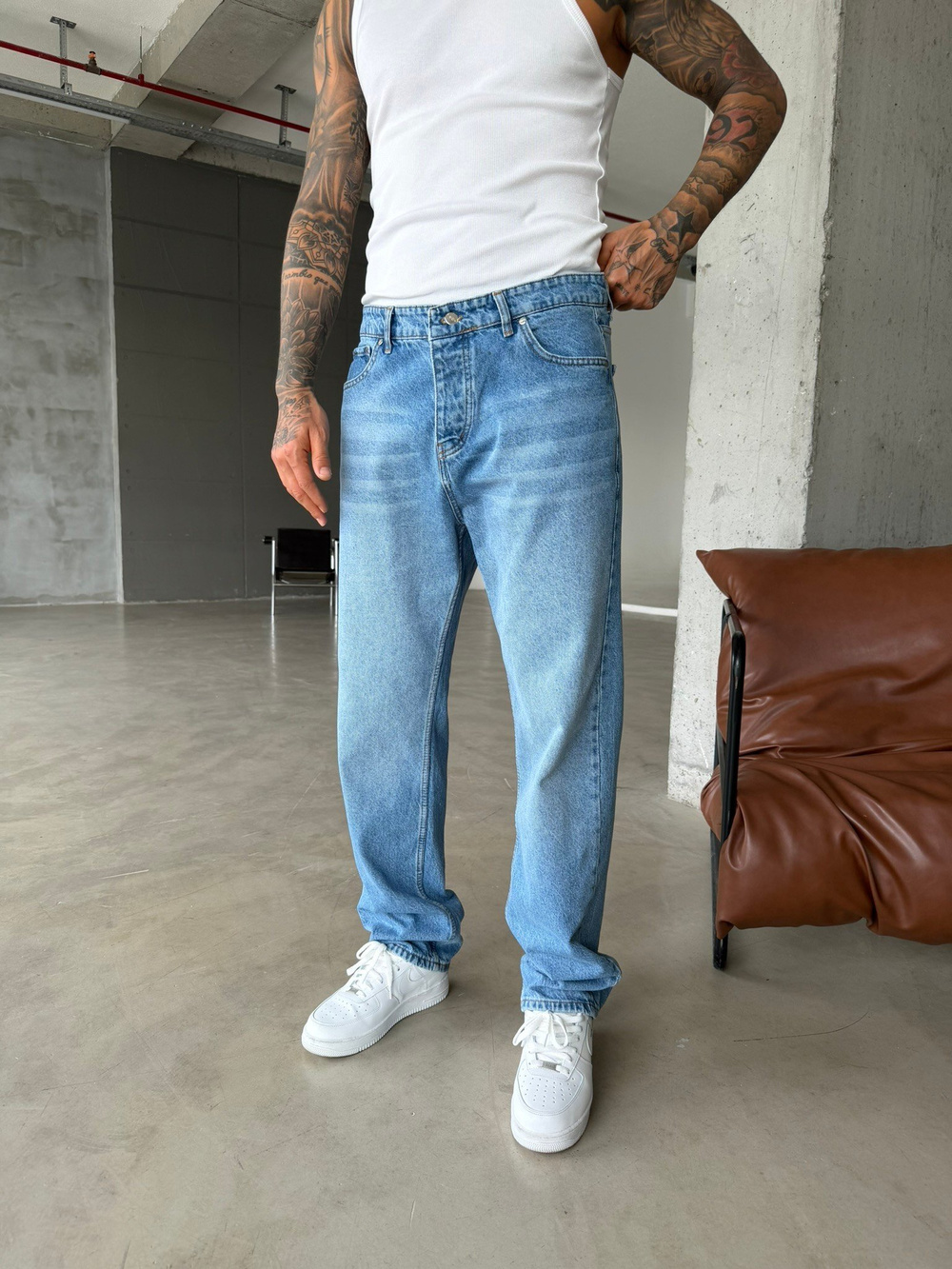 Yıkamalı Baggy Pantolon  - Mavi