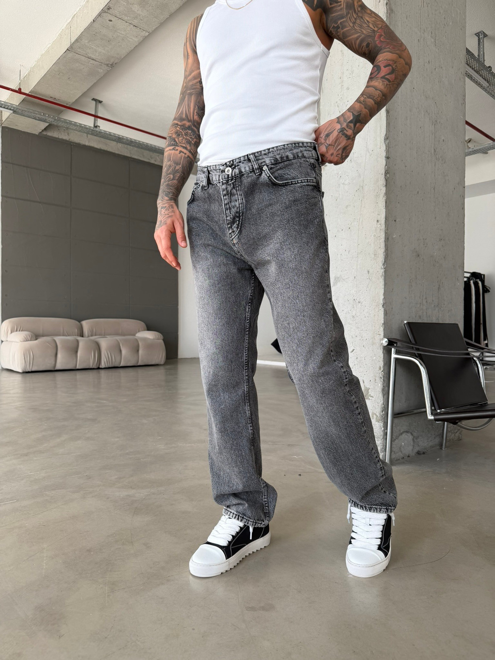 Yıkamalı Basic Baggy Pantolon - Gri