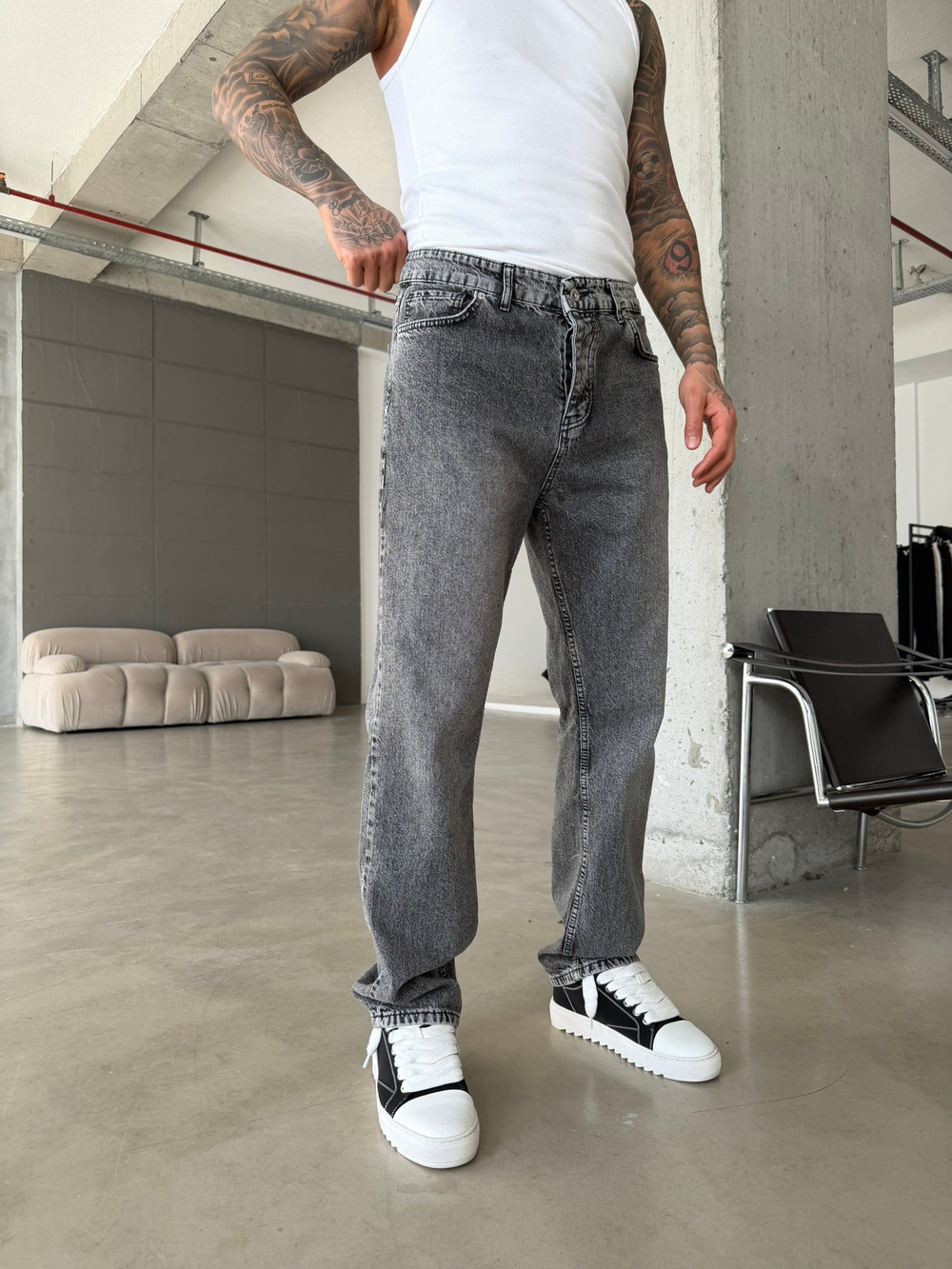 Yıkamalı Basic Baggy Pantolon - Gri