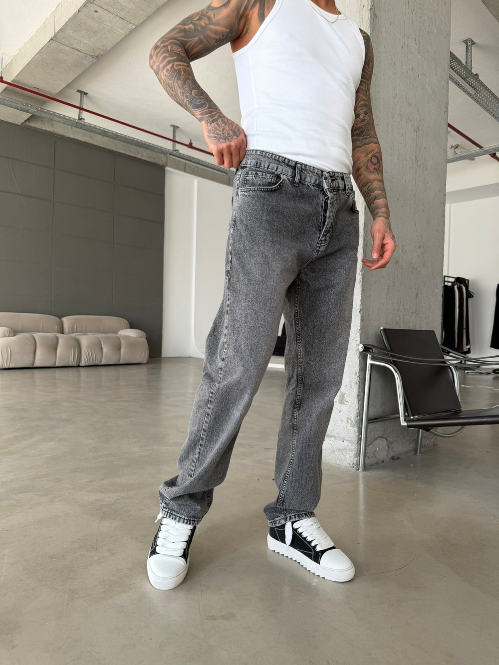 Yıkamalı Basic Baggy Pantolon - Gri