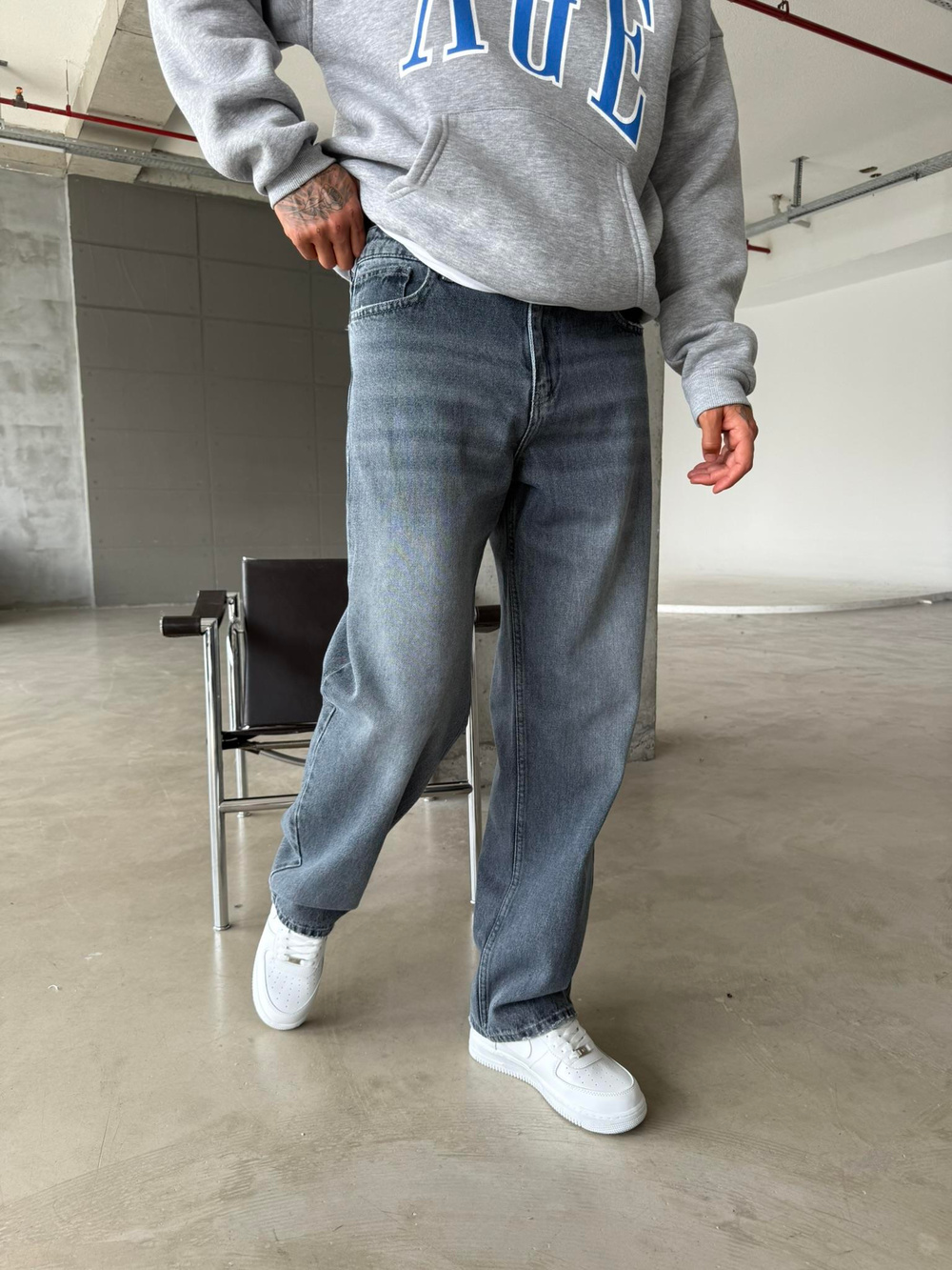 Yıkamalı Basic Baggy Pantolon - Gri