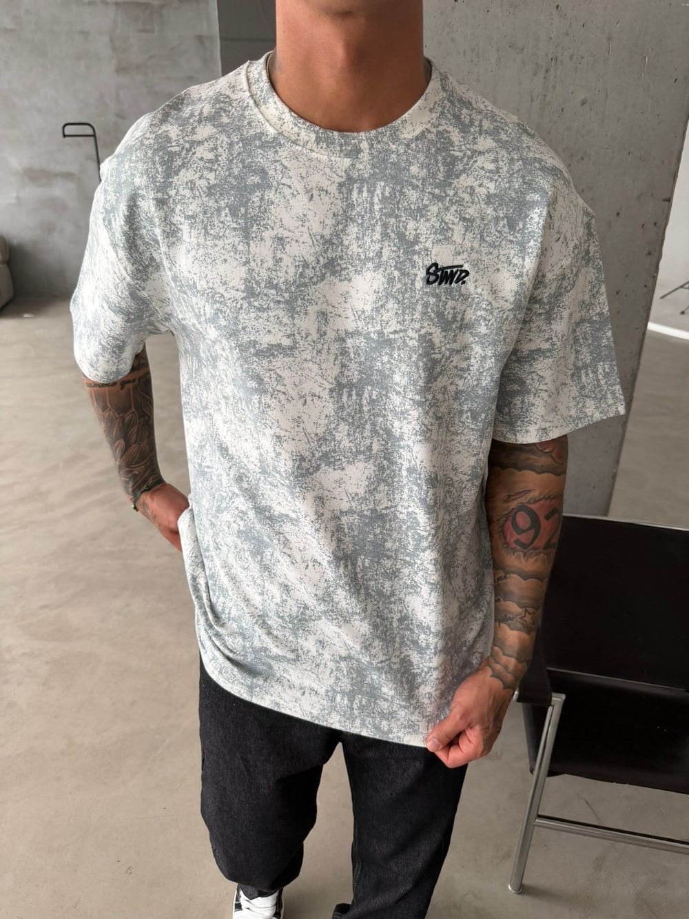 Yıkamalı Basic Nakışlı Acid T-Shirt - Beyaz