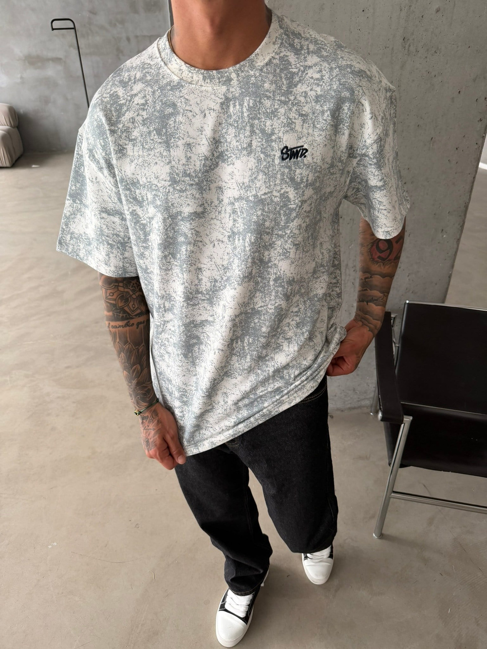 Yıkamalı Basic Nakışlı Acid T-Shirt - Beyaz