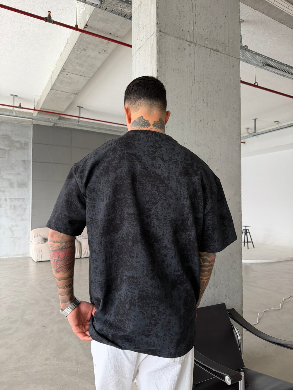 Yıkamalı Basic Nakışlı Acid T-Shirt - Siyah