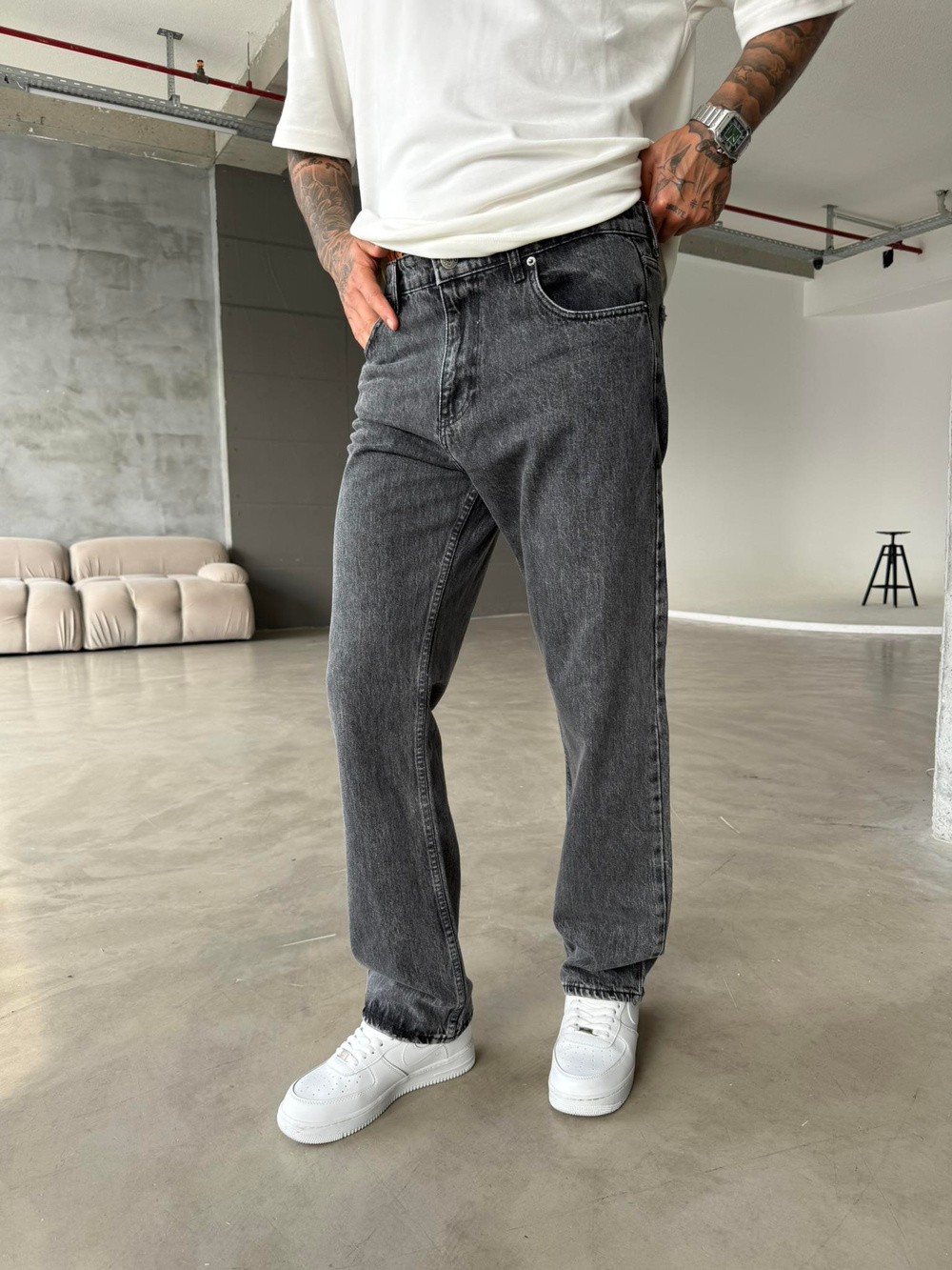 Yıkamalı Eskitme Baggy - Gri