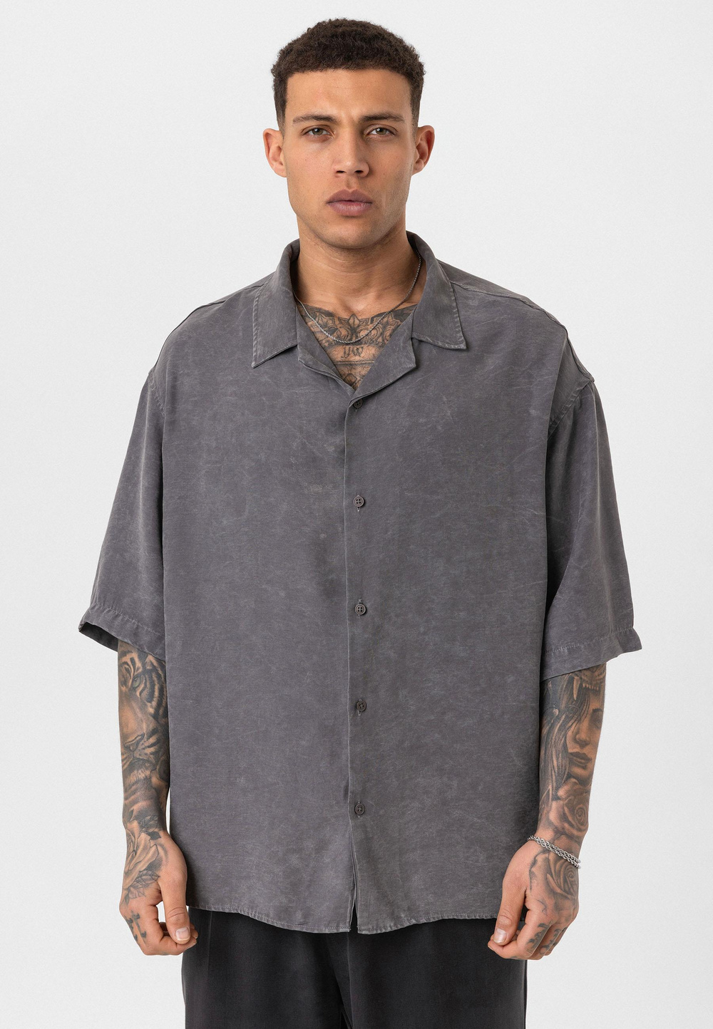 Yıkamalı Oversize Kısa Kol Gömlek - Antrasit