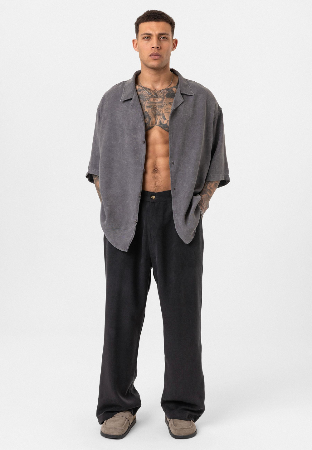 Yıkamalı Oversize Kısa Kol Gömlek - Antrasit