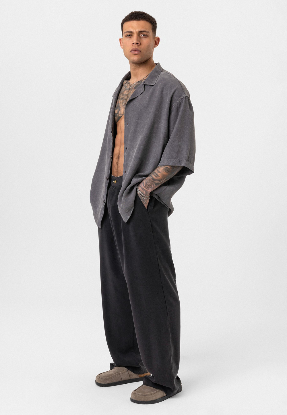 Yıkamalı Oversize Kısa Kol Gömlek - Antrasit