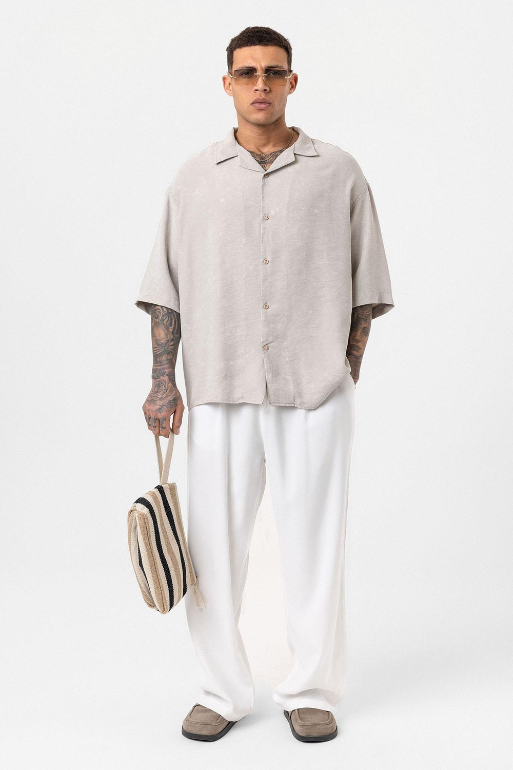 Yıkamalı Oversize Kısa Kol Gömlek - Bej