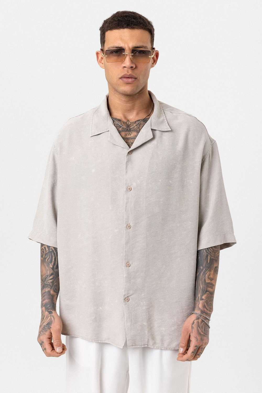 Yıkamalı Oversize Kısa Kol Gömlek - Bej