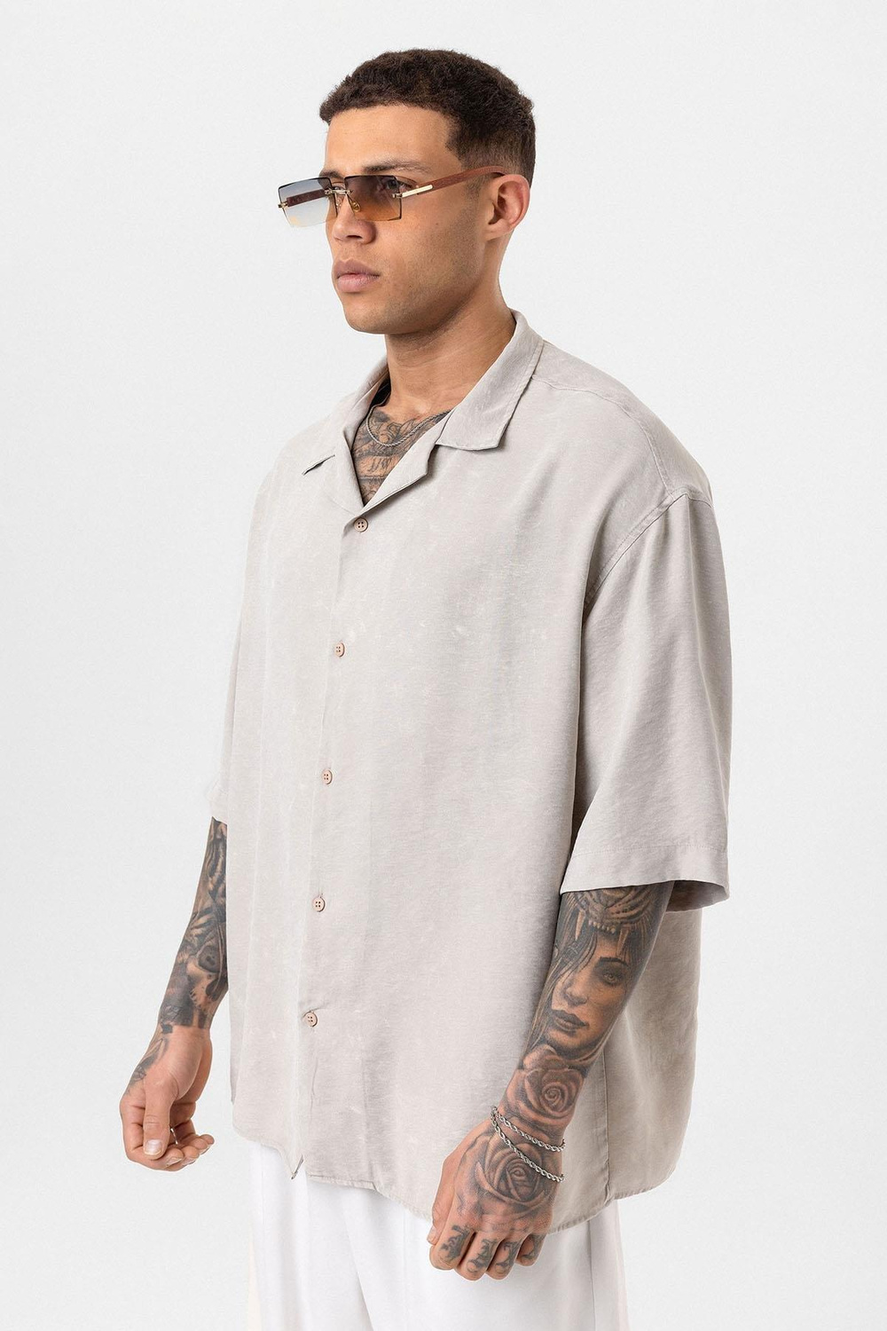 Yıkamalı Oversize Kısa Kol Gömlek - Bej