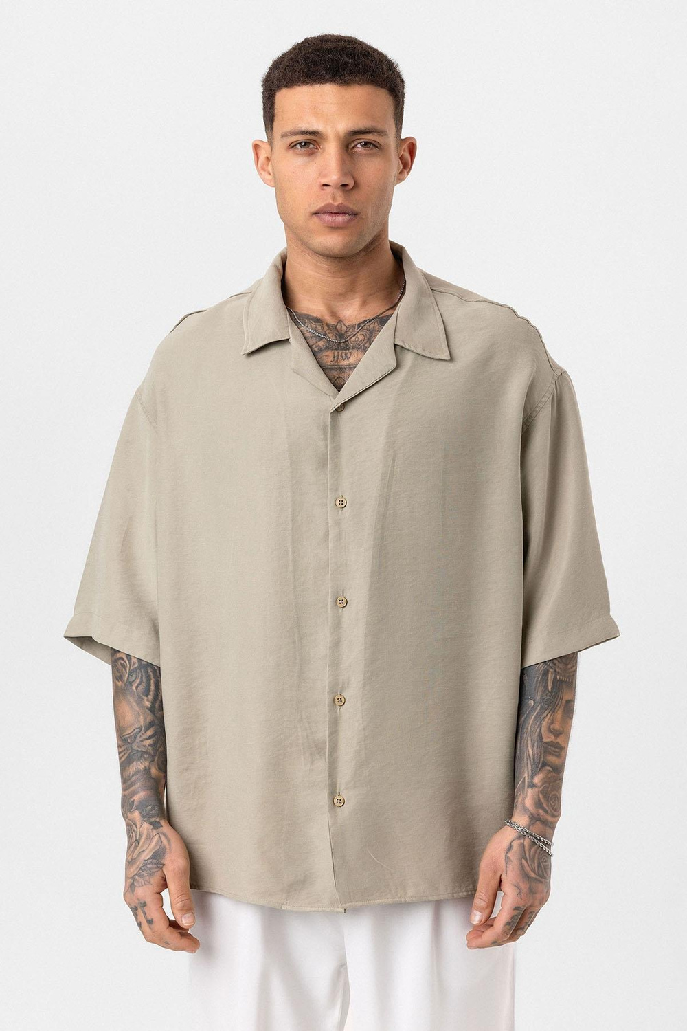 Yıkamalı Oversize Kısa Kol Gömlek - Haki