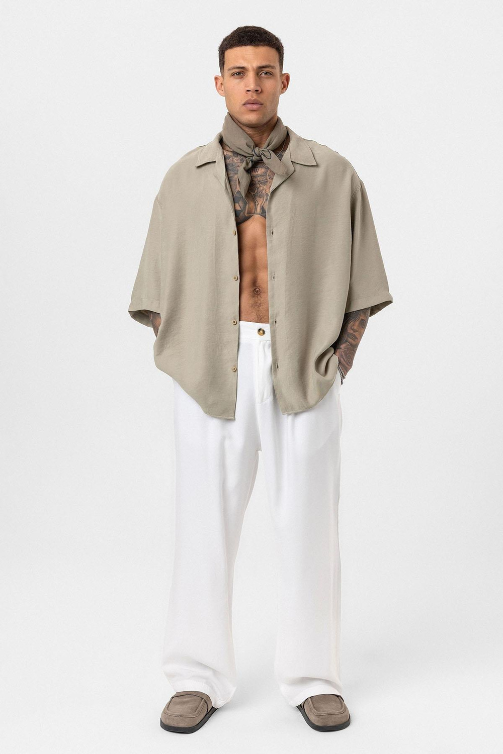 Yıkamalı Oversize Kısa Kol Gömlek - Haki