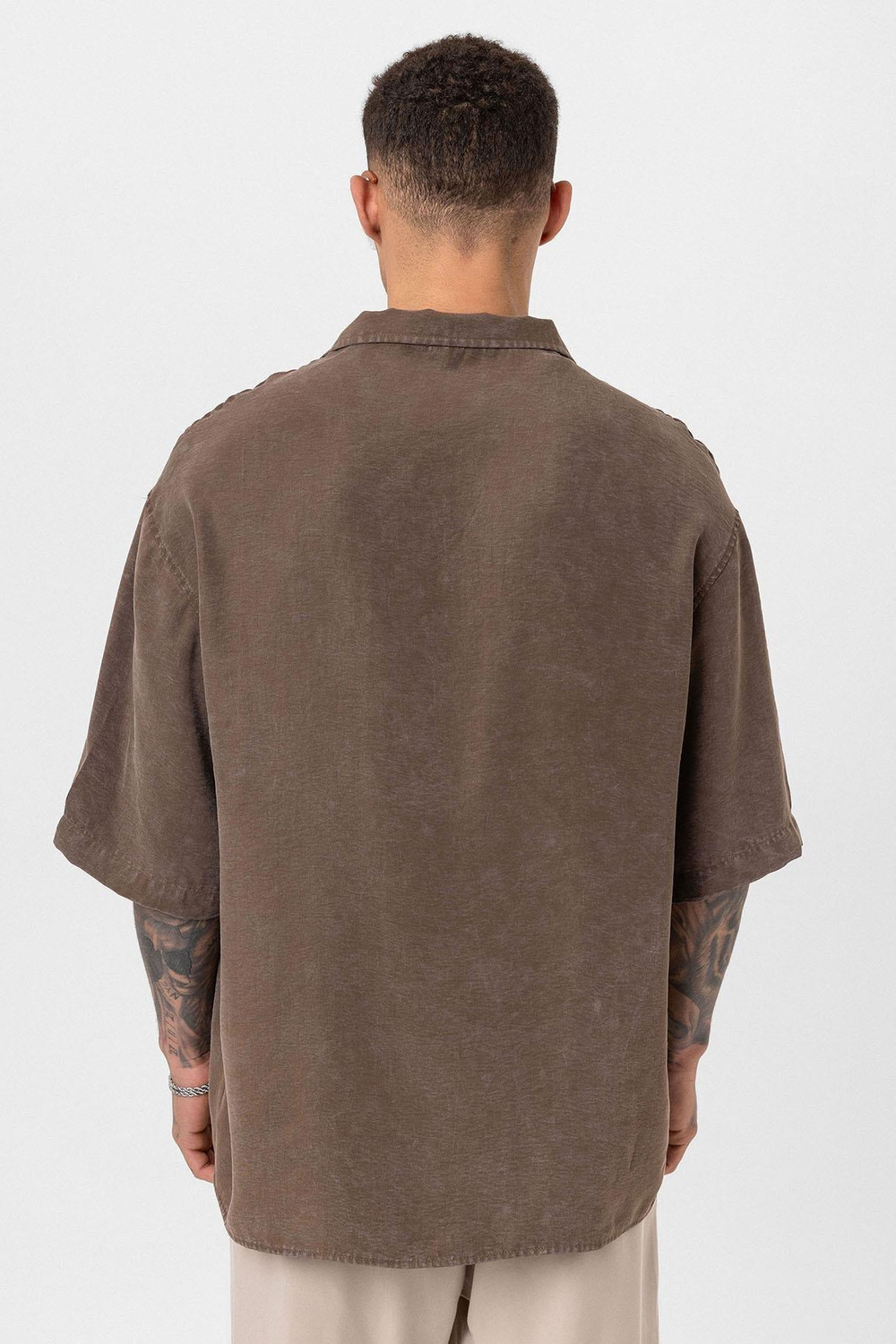 Yıkamalı Oversize Kısa Kol Gömlek - Kahve