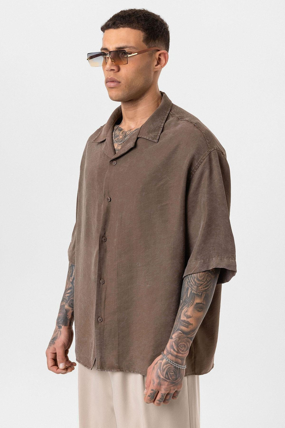 Yıkamalı Oversize Kısa Kol Gömlek - Kahve