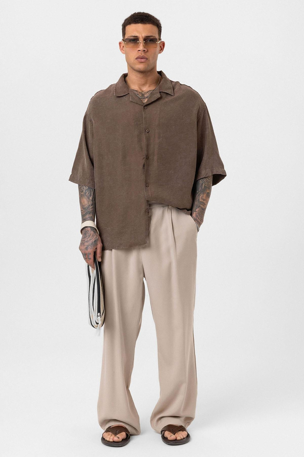 Yıkamalı Oversize Kısa Kol Gömlek - Kahve