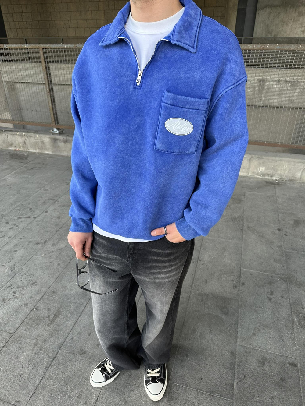 Yıkamalı  Polo Yarım Fermuarlı Yaka Oversize Sweatshirt Mavi