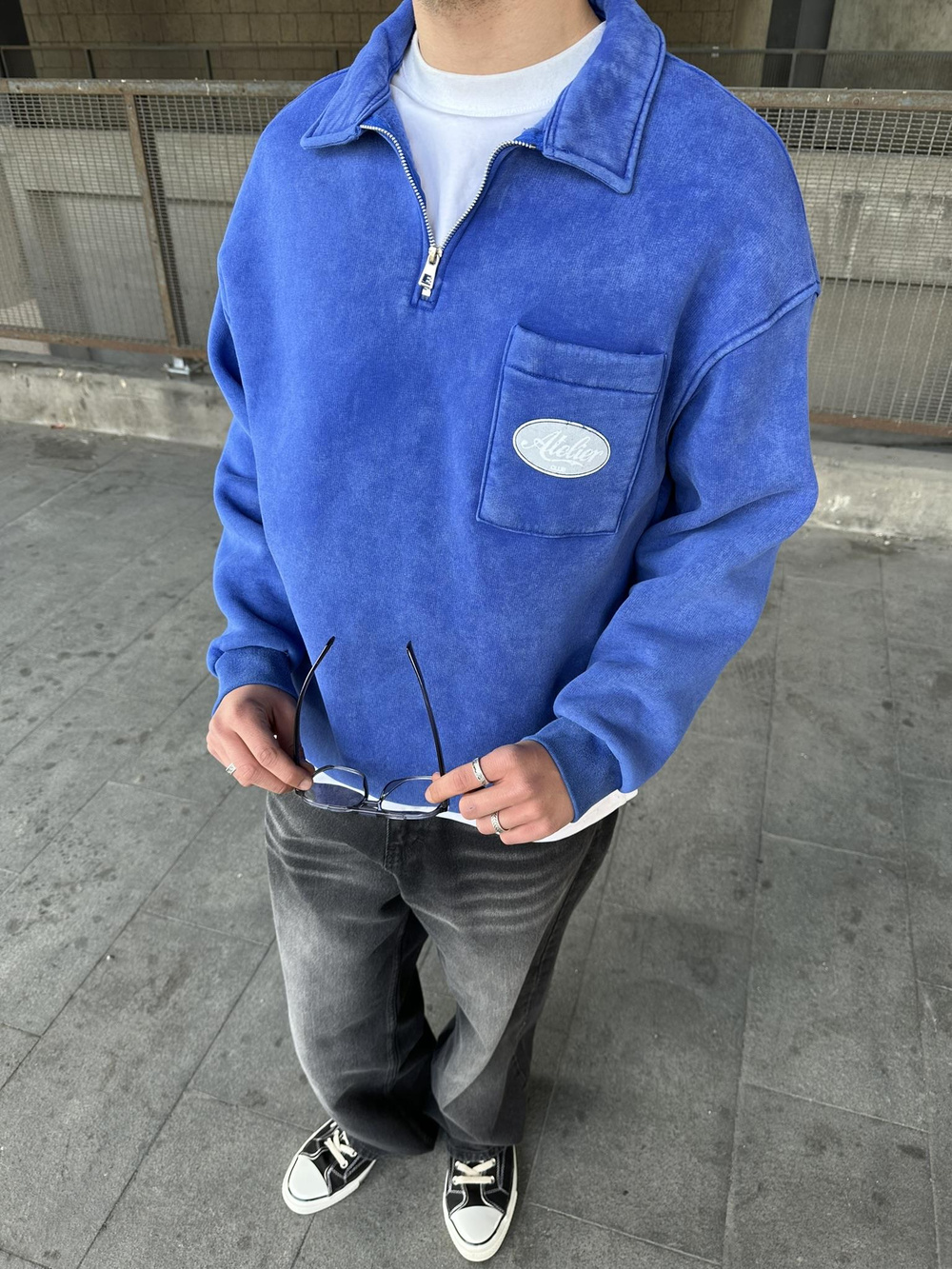 Yıkamalı  Polo Yarım Fermuarlı Yaka Oversize Sweatshirt Mavi