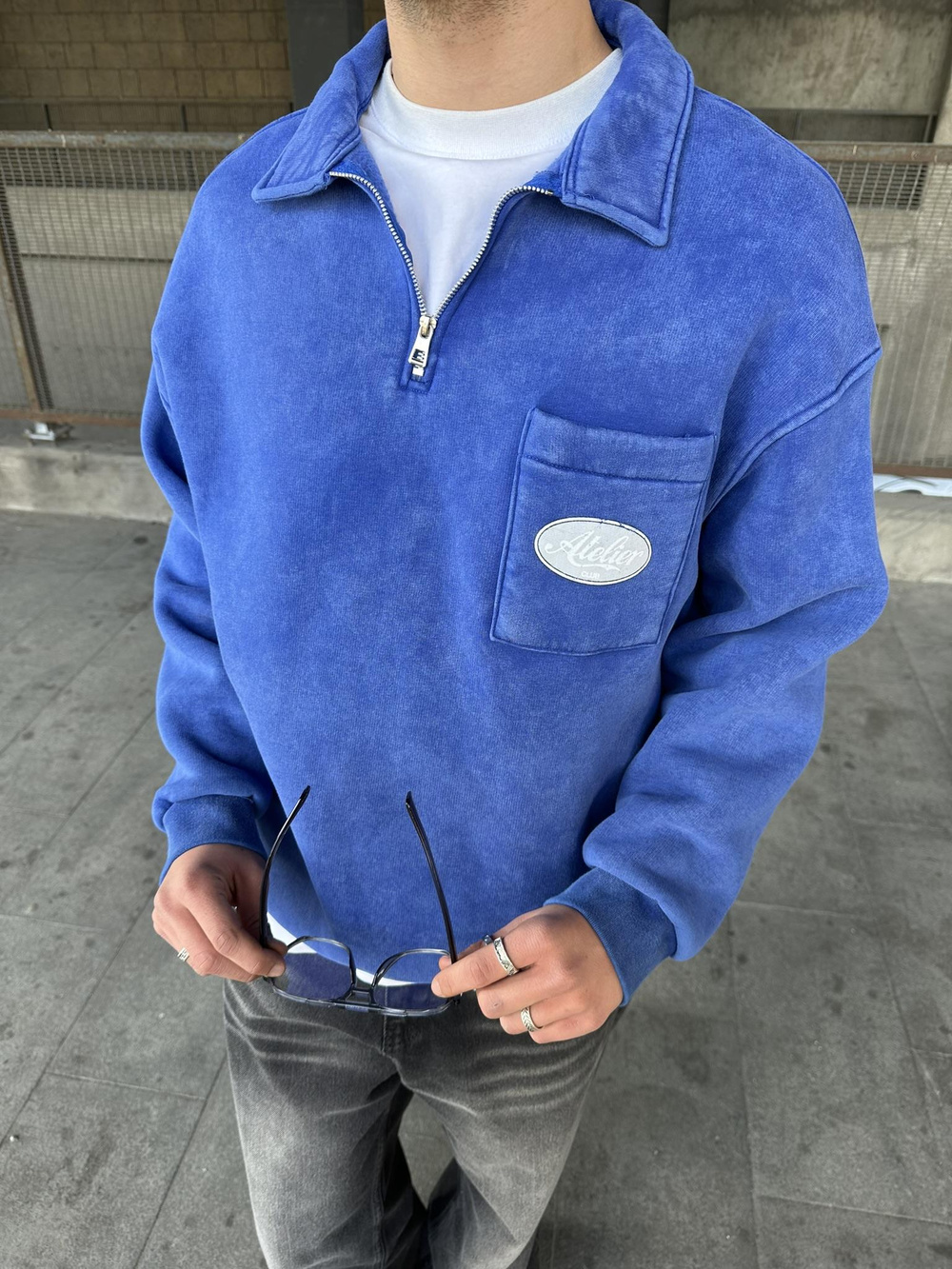 Yıkamalı  Polo Yarım Fermuarlı Yaka Oversize Sweatshirt Mavi