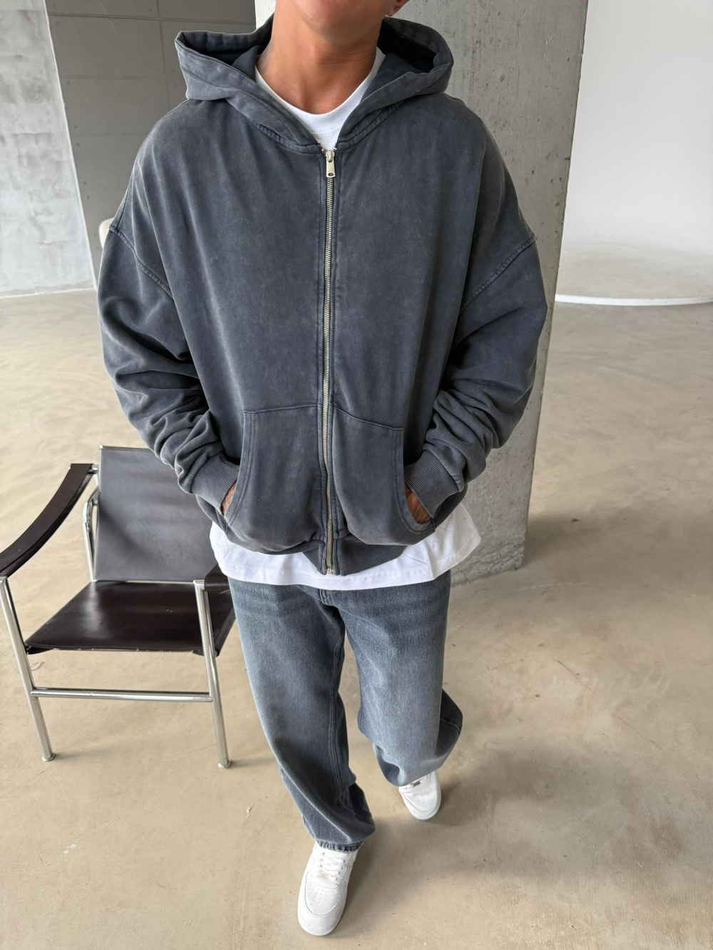 Yıkamalı Premium Acid Zip Hırka - Siyah