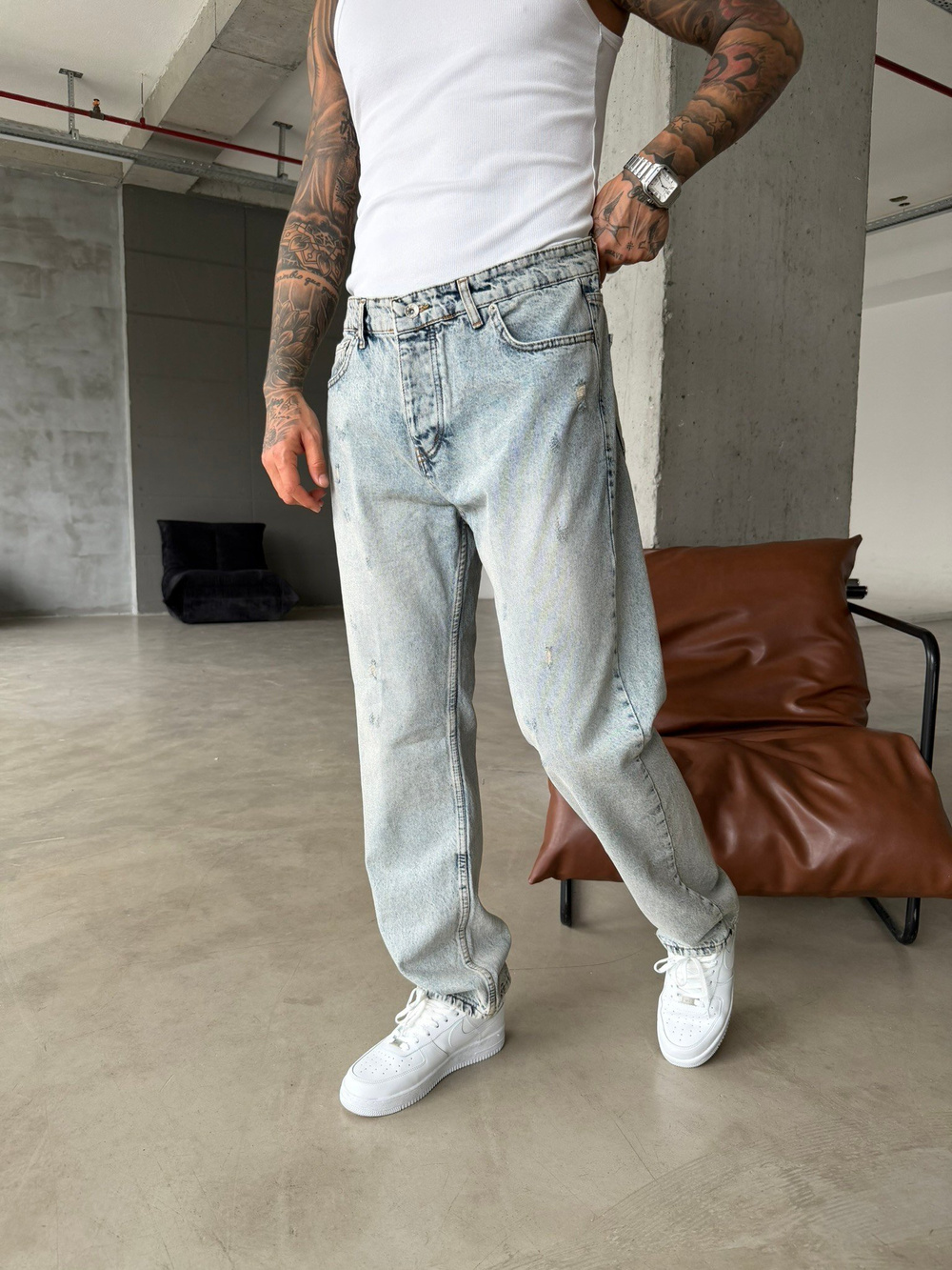 Yırtık Detaylı Baggy Fit Pantolon - Mavi