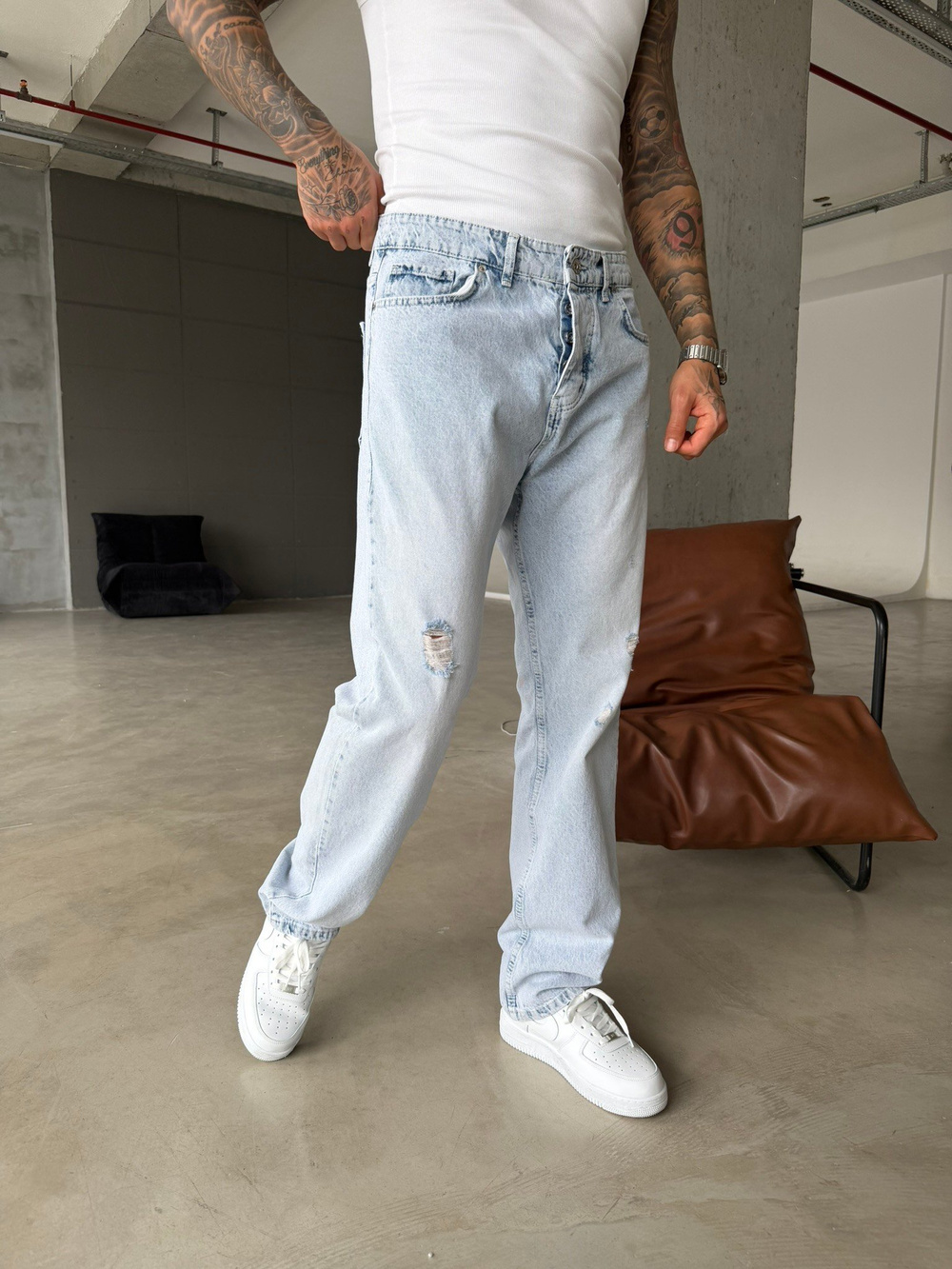 Yırtık Detaylı Baggy Pantolon - Buz Mavi