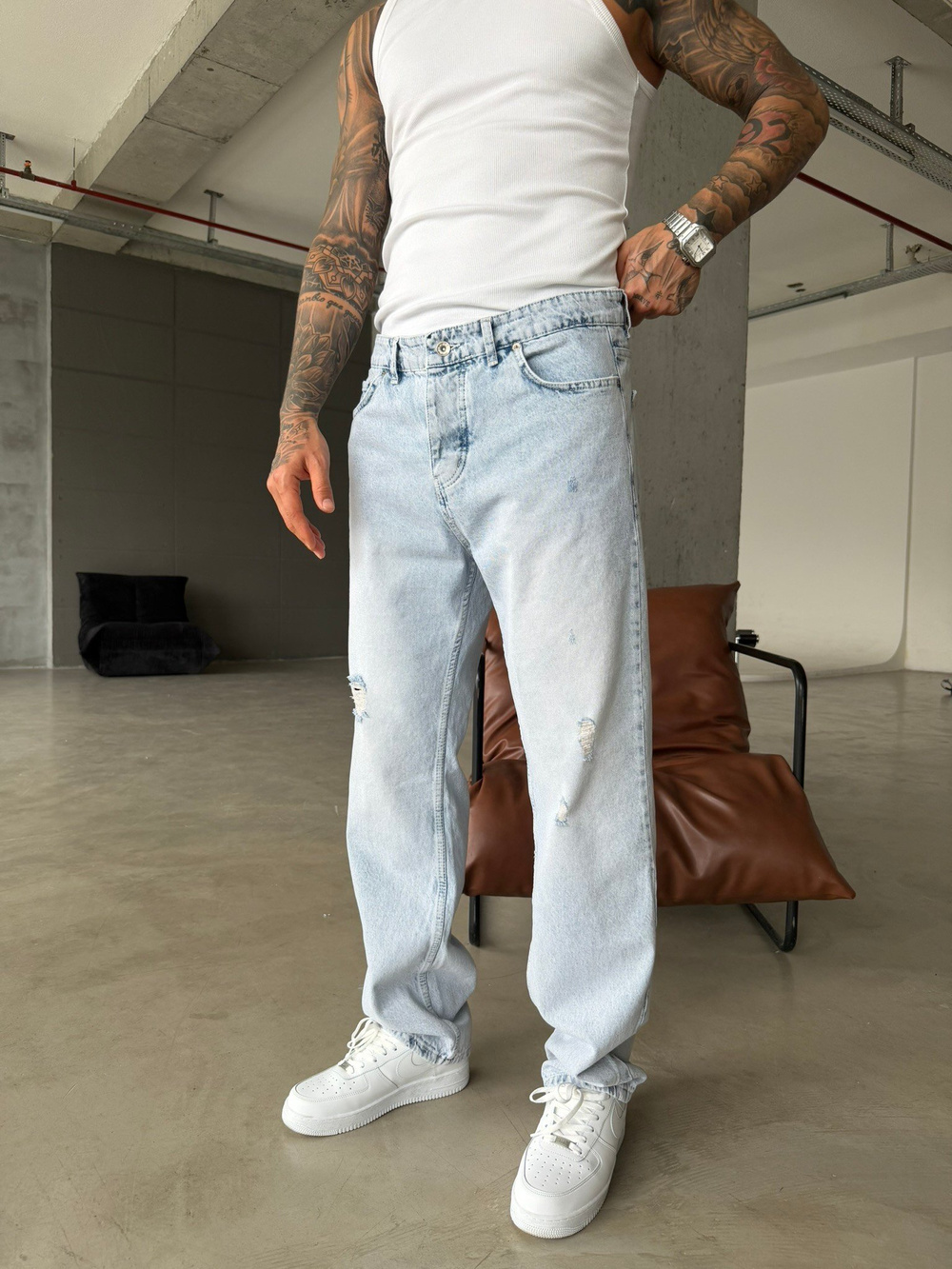 Yırtık Detaylı Baggy Pantolon - Buz Mavi