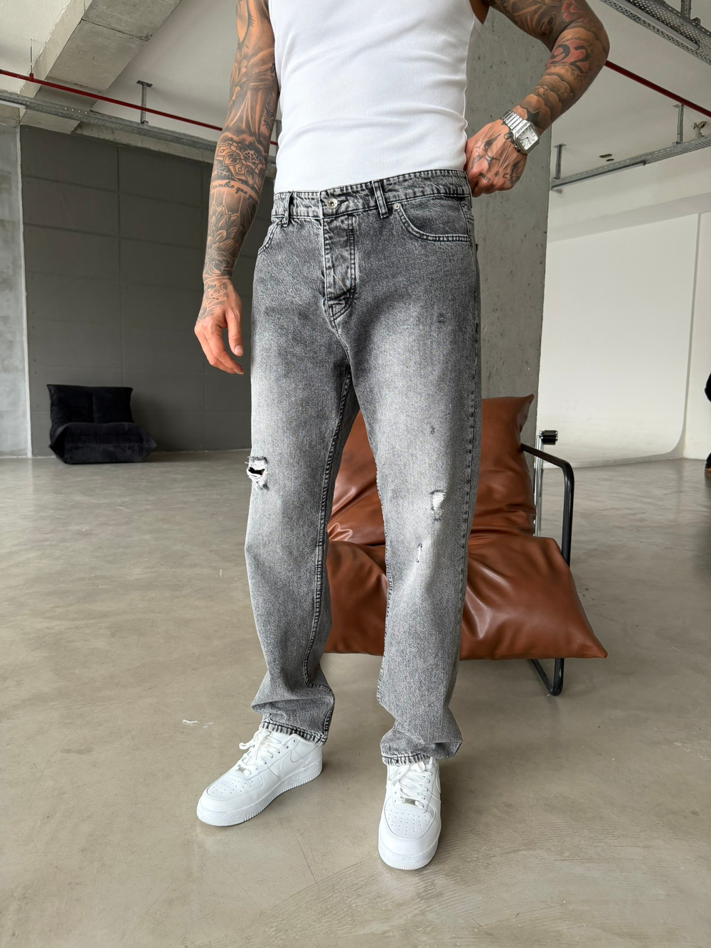 Yırtık Detaylı Baggy Pantolon - Gri