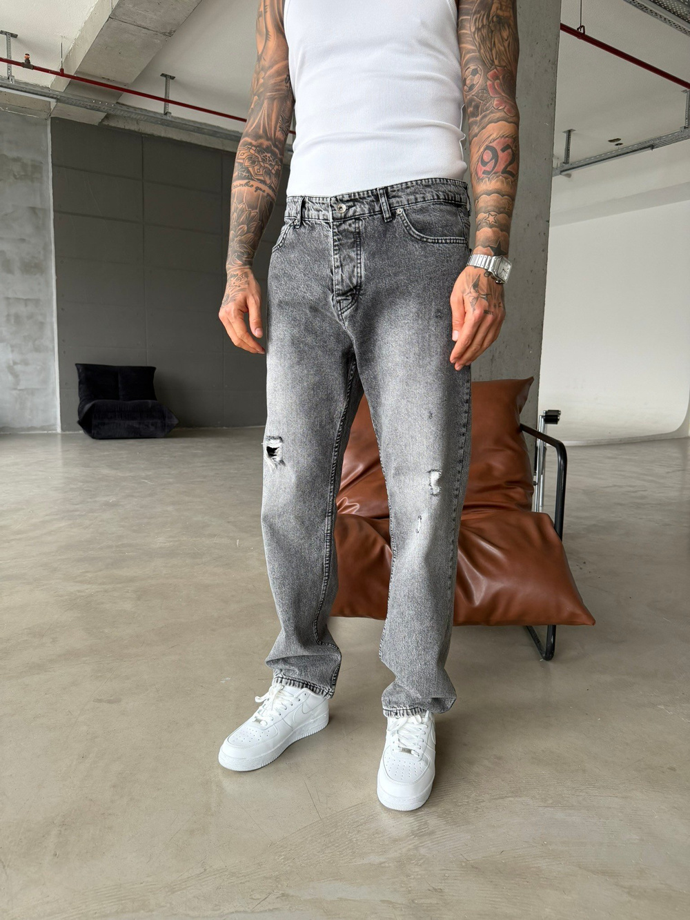 Yırtık Detaylı Baggy Pantolon - Gri