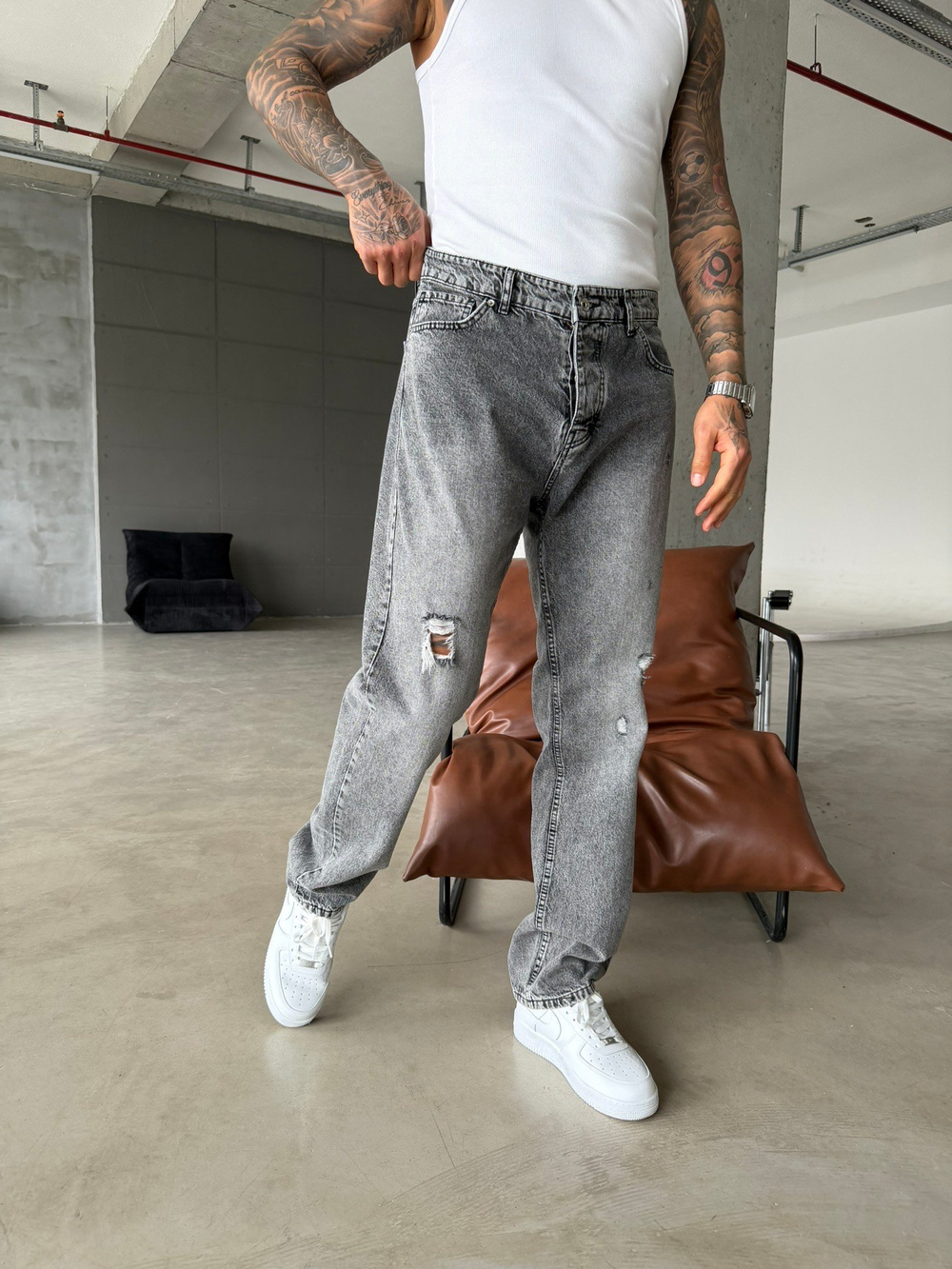 Yırtık Detaylı Baggy Pantolon - Gri