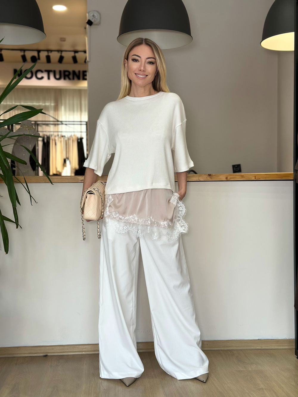 Ekru Pudra Saten Dantelli Bluz Askı00137