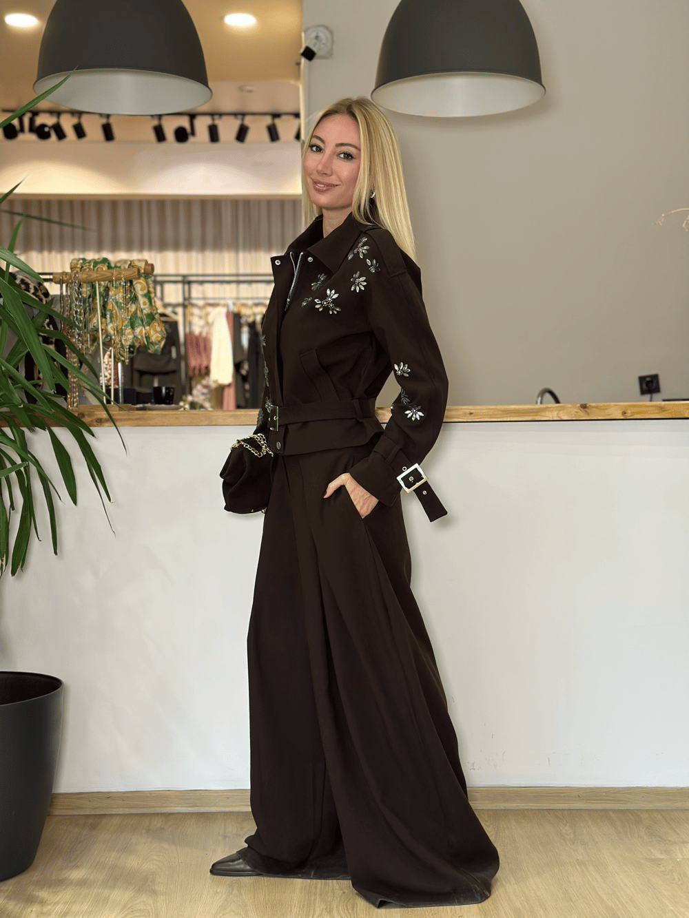 Flower Kahve Taş Detaylı Takım Askı00412