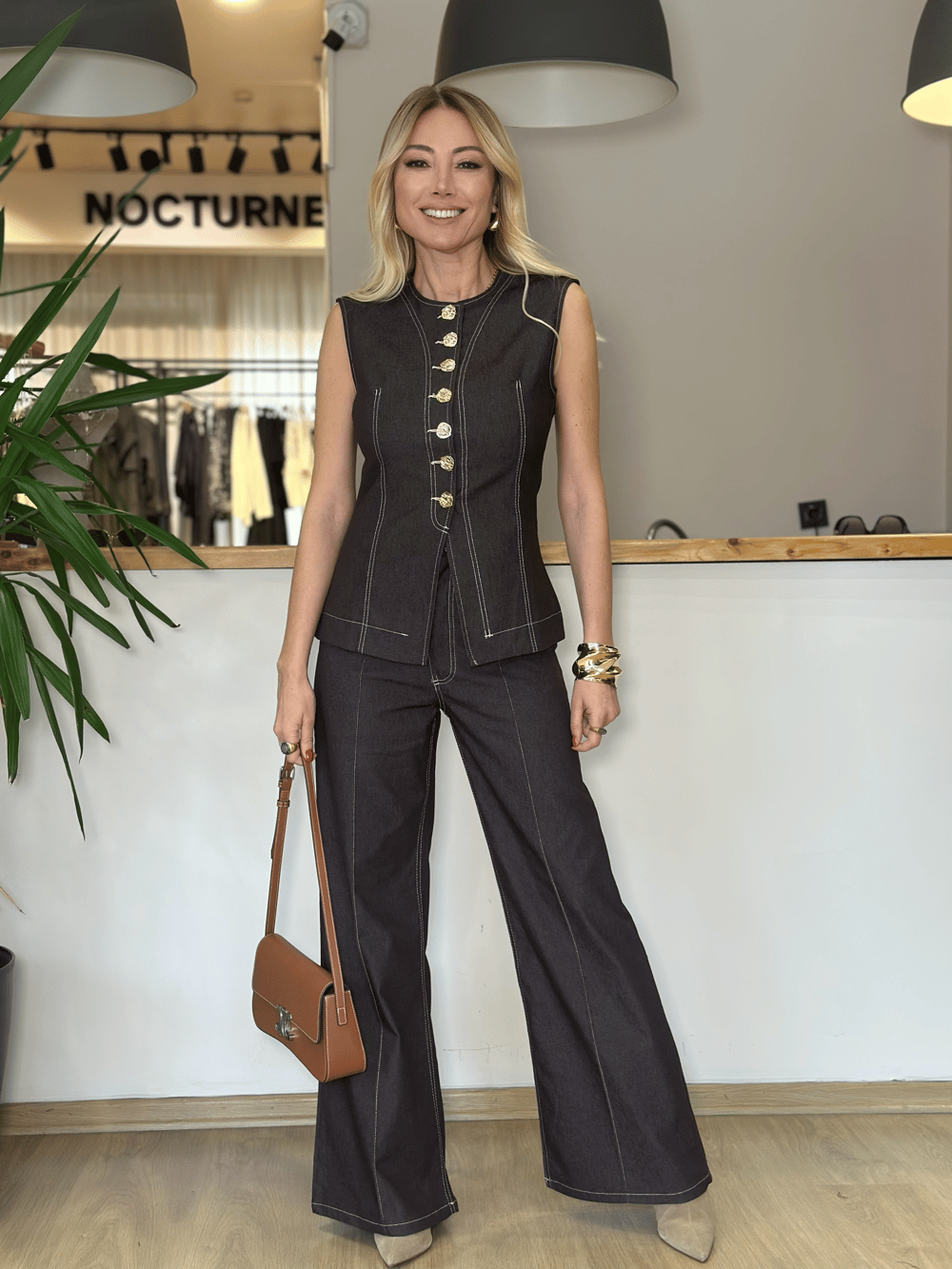 Kahve Denim Gold Detaylı Yelek Askı0024