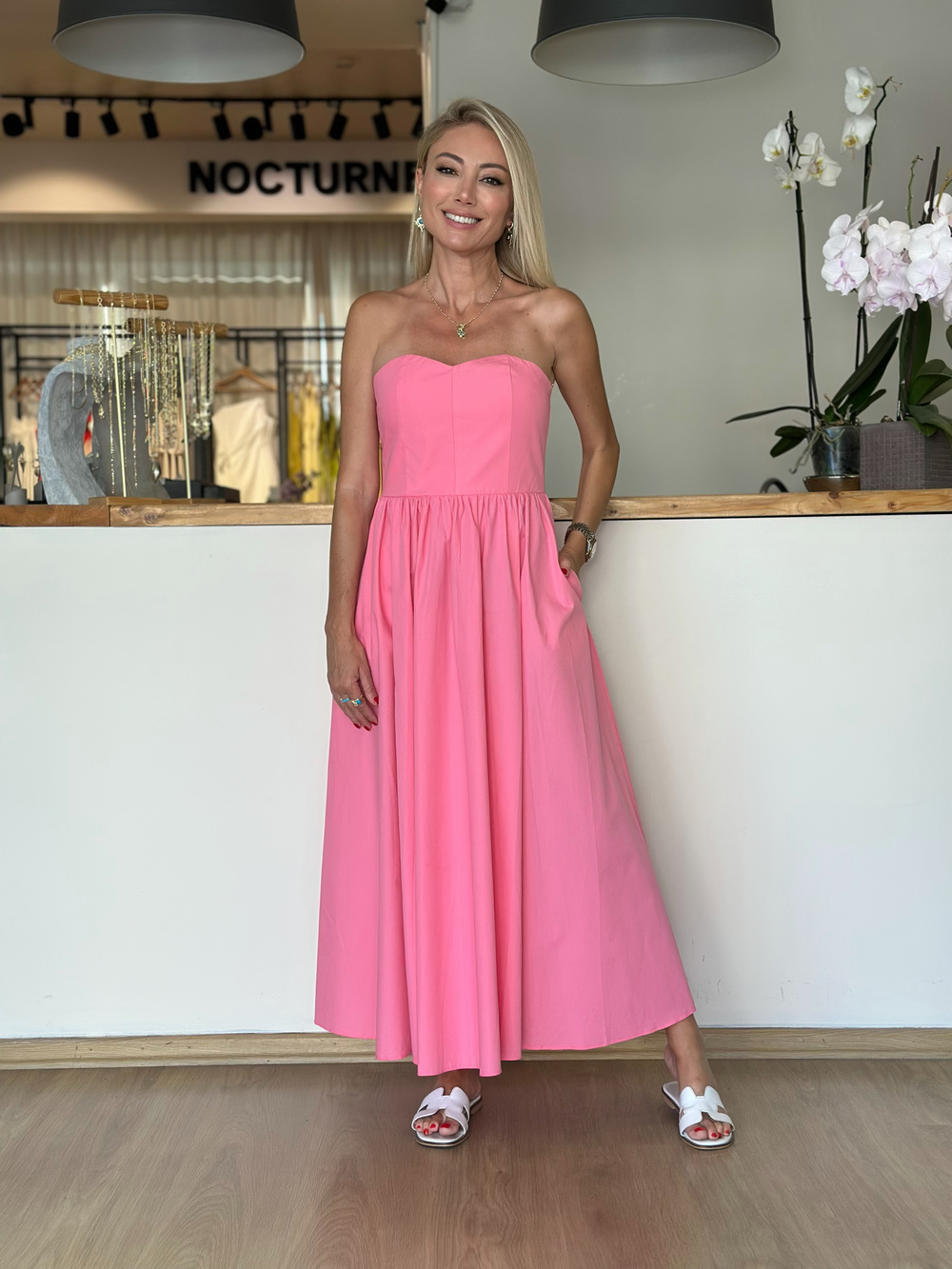 Pembe Straplez Midi Elbise Askı215