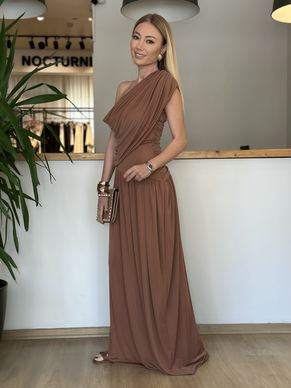 Sandy Kumaş Drapeli Kahve Elbise Askı0051