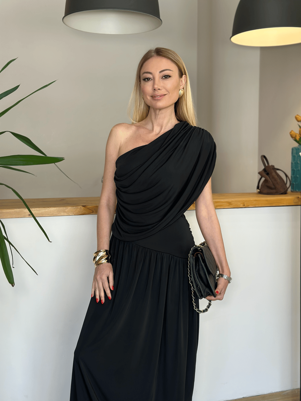Sandy Kumaş Drapeli Siyah Elbise Askı0050