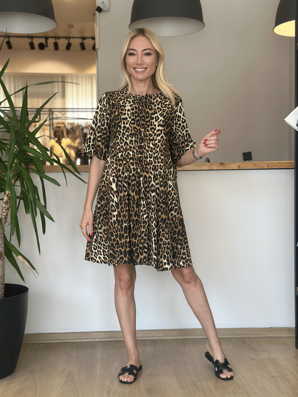 Volanlı Leopar Elbise