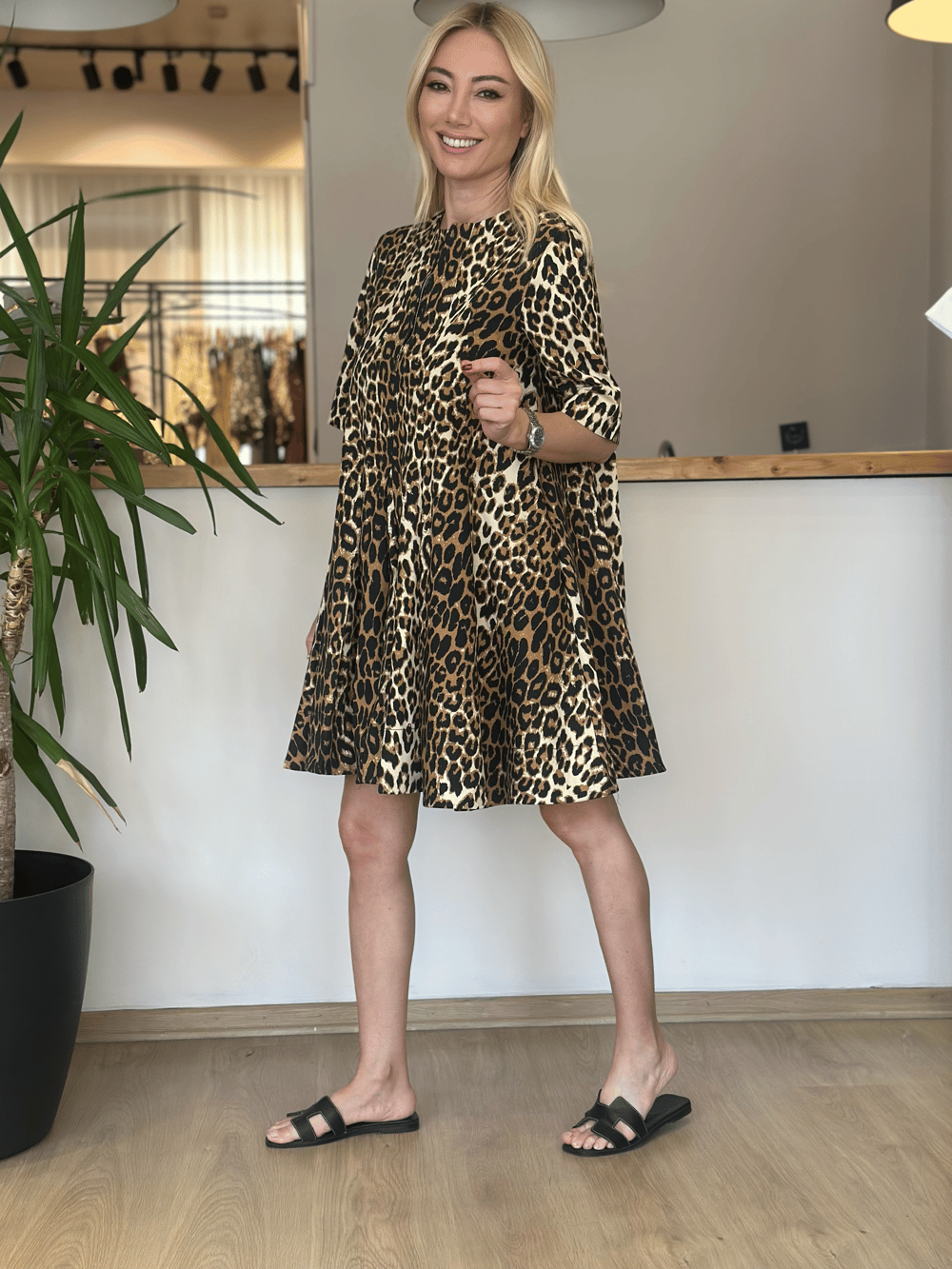 Volanlı Leopar Elbise