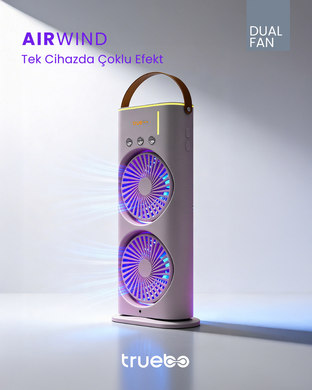 Truebo AirWind - Masaüstü Buhar Püskürtmeli Taşınabilir Şarjlı Led Işık Çift Fanlı Vantilatör
