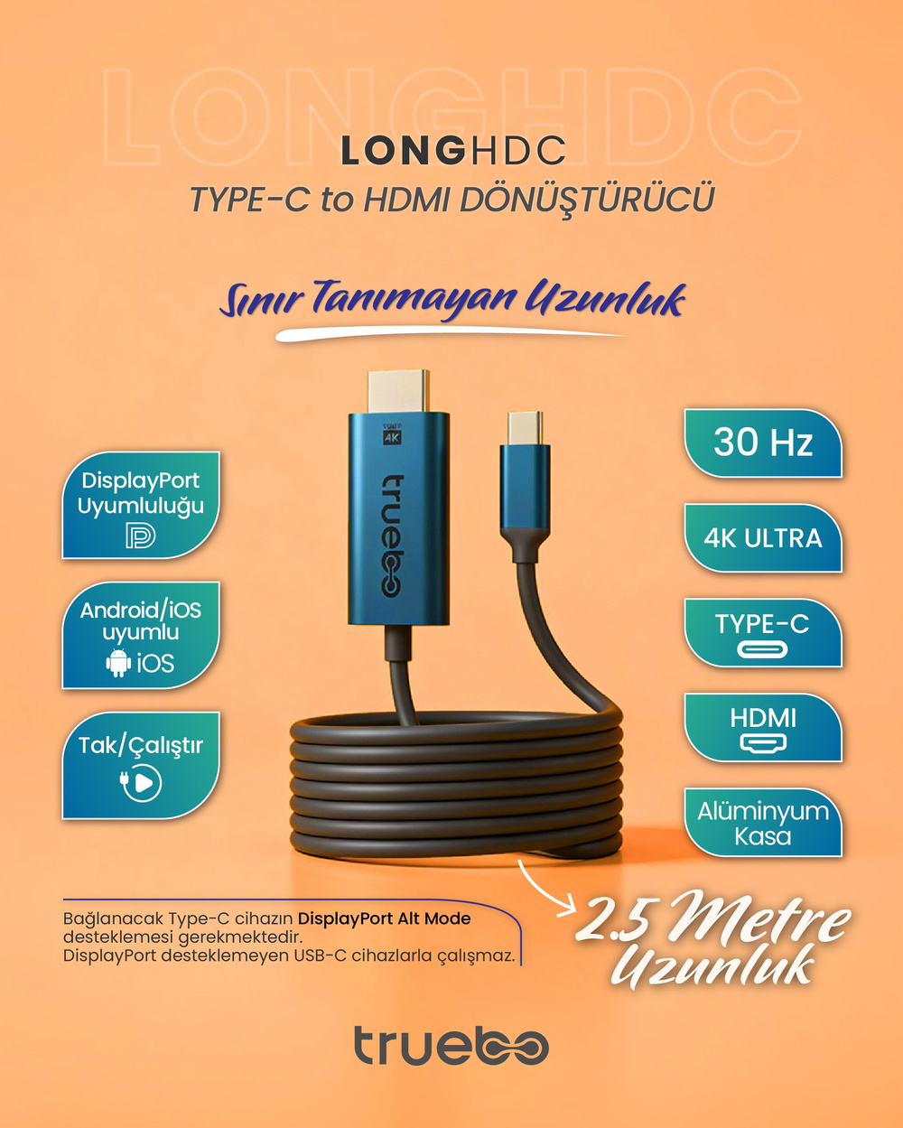 Truebo LongHDC USB-C to HDMI Dönüştürücü 