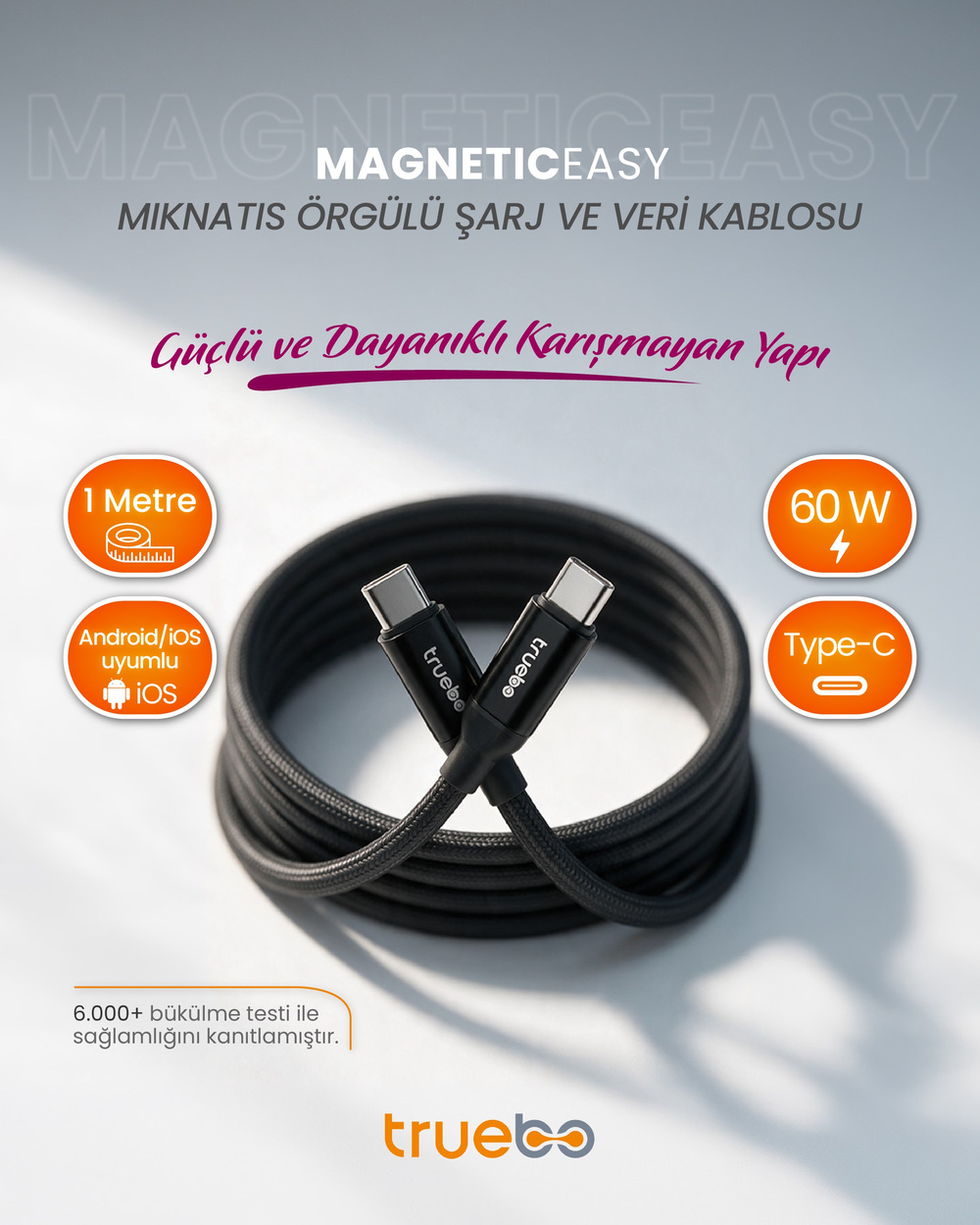 Truebo MagneticEasy Dayanıklı Şarj ve Veri Kablosu
