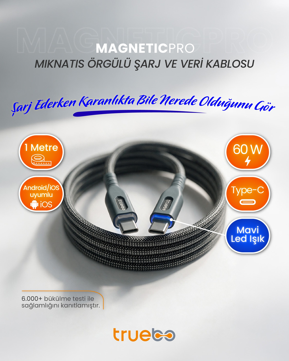 Truebo MagneticPro Dayanıklı Şarj ve Veri Kablosu