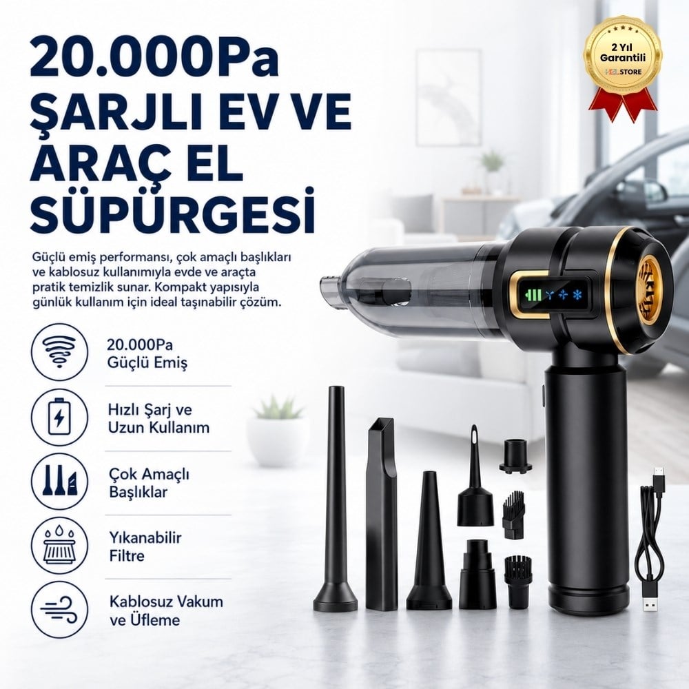   20000Pa Emiş Güçlü Taşınabilir Şarjlı Ev ve Araç Süpürgesi