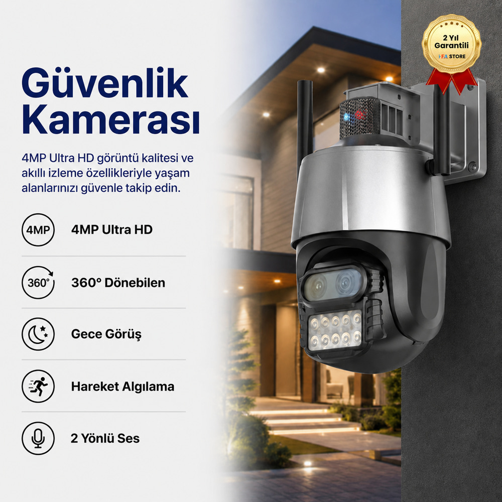  4MP Ultra HD Kablosuz Güvenlik Kamerası, 360° Dönebilen Wi-Fi Kamera, Gece Görüş, Hareket Algılama, 2 Yönlü Ses, Uzaktan İzleme | HZLSTORE