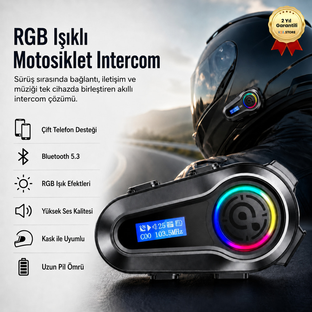  5.3 İki Telefon Uyumlu Yeni Nesil RGB Işıklı Intercom Motosiklet Kask Kulaklık Motorsiklet Intercom