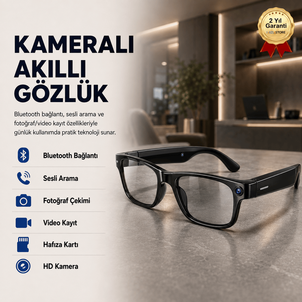  Kameralı Akıllı Gözlük Bluetooth Sesli Arama Fotoğraf ve Video Kayıtlı Hafıza Kartı Destekli
