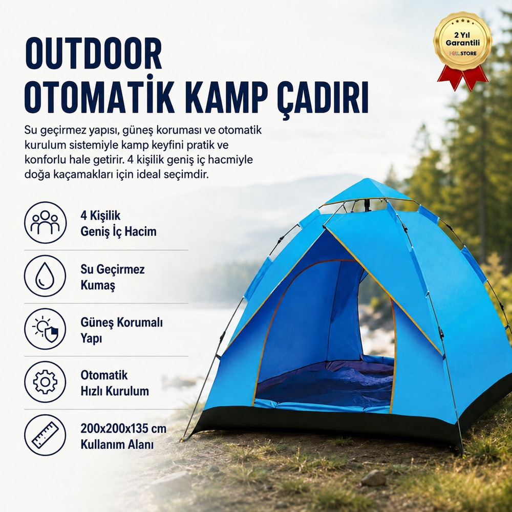  Outdoor Otomatik Kamp Çadırı 200x200x135 cm Su Geçirmez Güneş Korumalı Kolay Kurulum 4 Kişilik